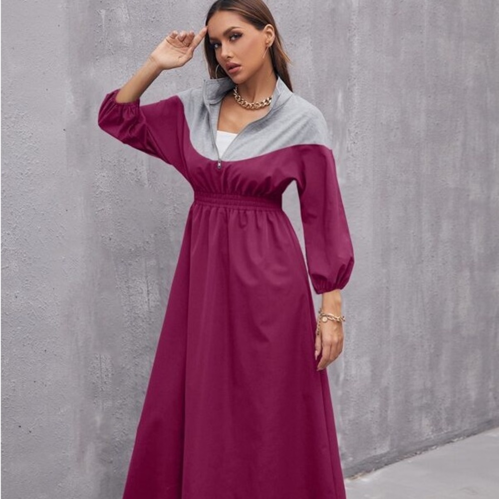 NWOT Contrast Panel Long Batwing Sleeve A-Line Dress with Front Zipper S…